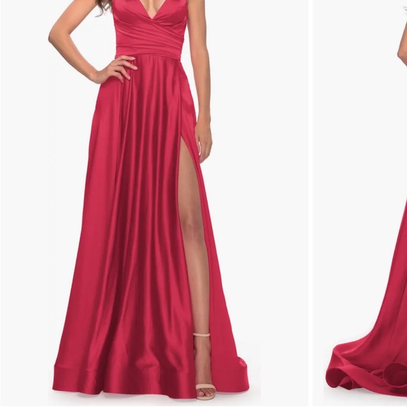 NWT La Femme size 4 red satin v-neck formal gown - Picture 9 of 12